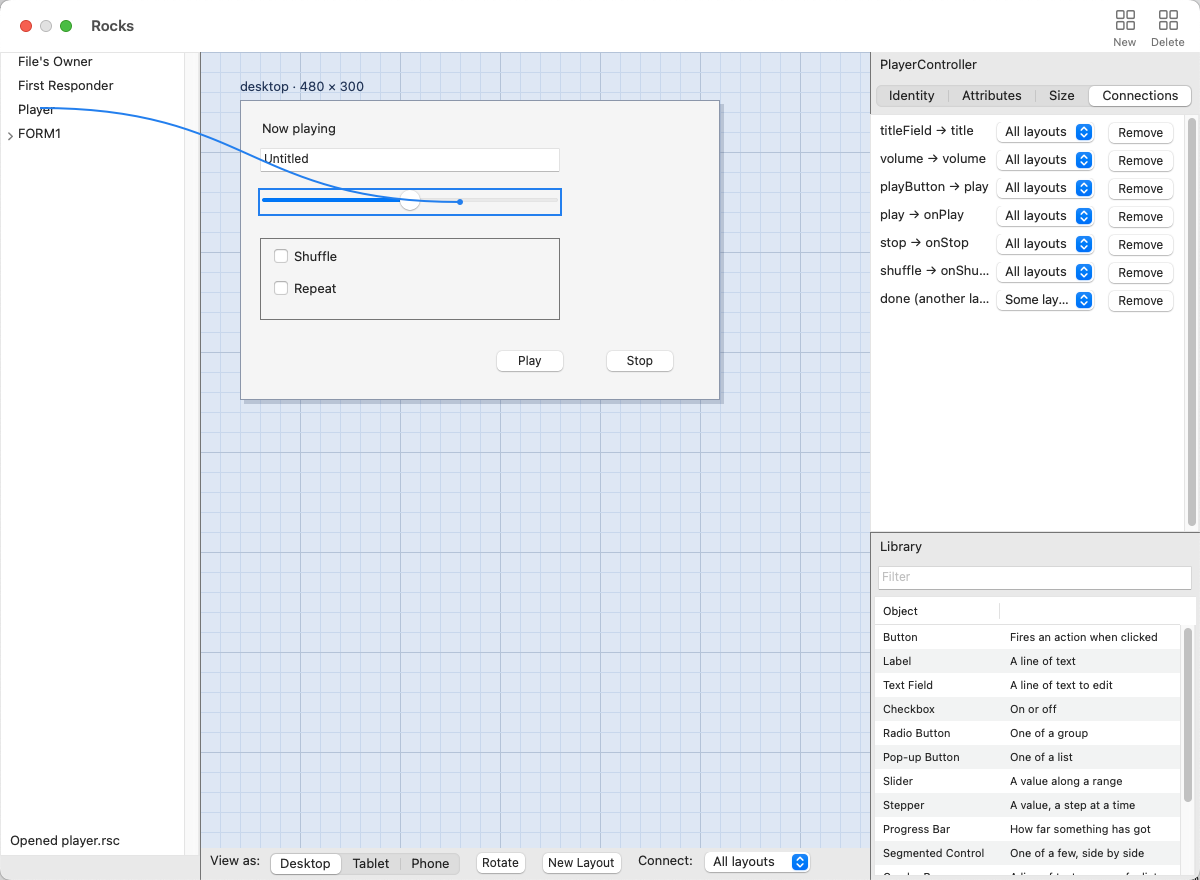 A connection being drawn from Player to the volume slider